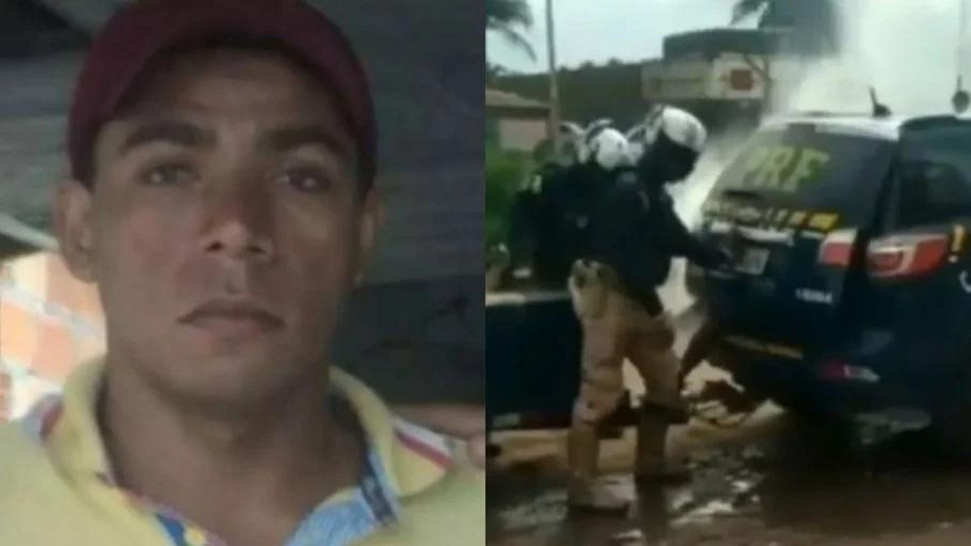 Foto de Genivaldo à esquerda e da viatura com o gás lacrimogênio dentro à direita.
