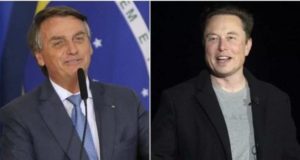 Montagem foto de Bolsonaro, à esquerda, ao lado de foto de Elon Musk, à direita.