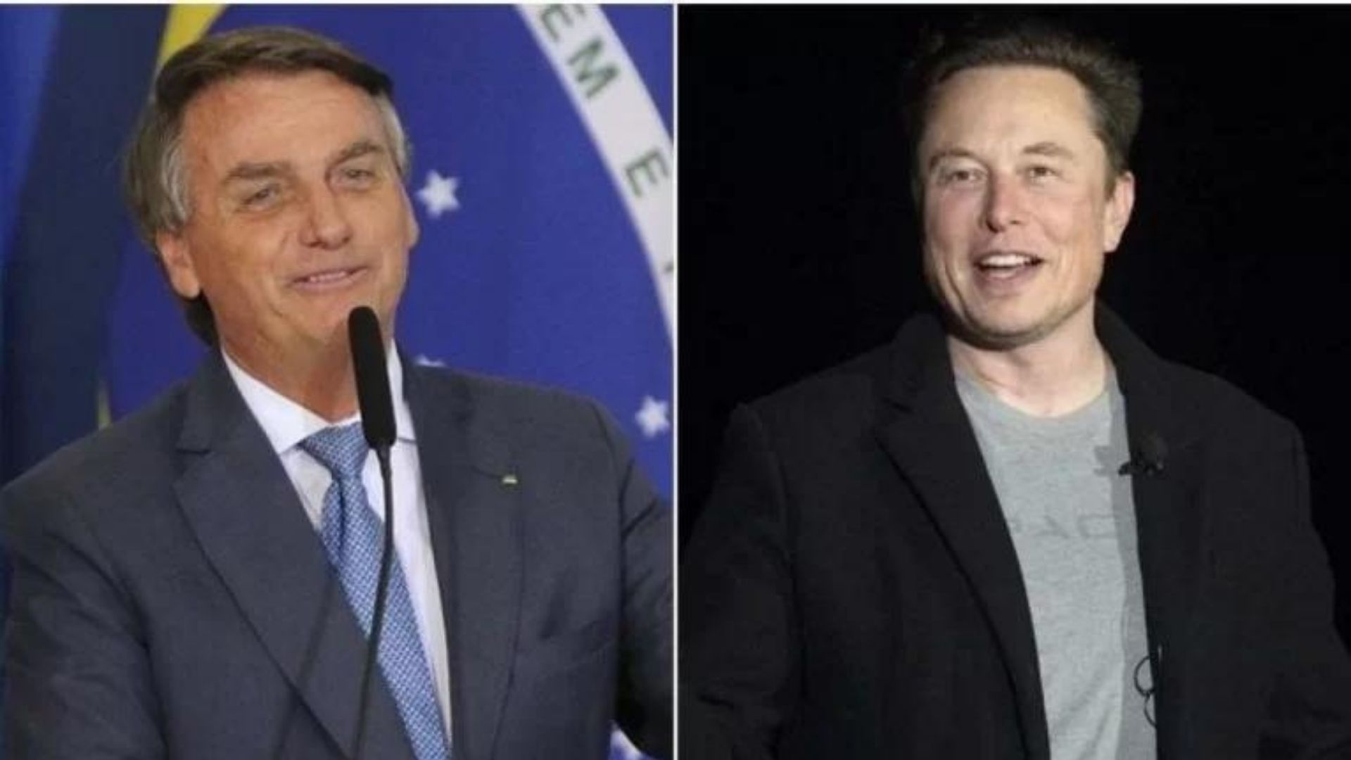 Montagem foto de Bolsonaro, à esquerda, ao lado de foto de Elon Musk, à direita. 