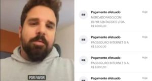 A imagem mostra Bruno ao lado de comprovantes de transferências de sua conta.