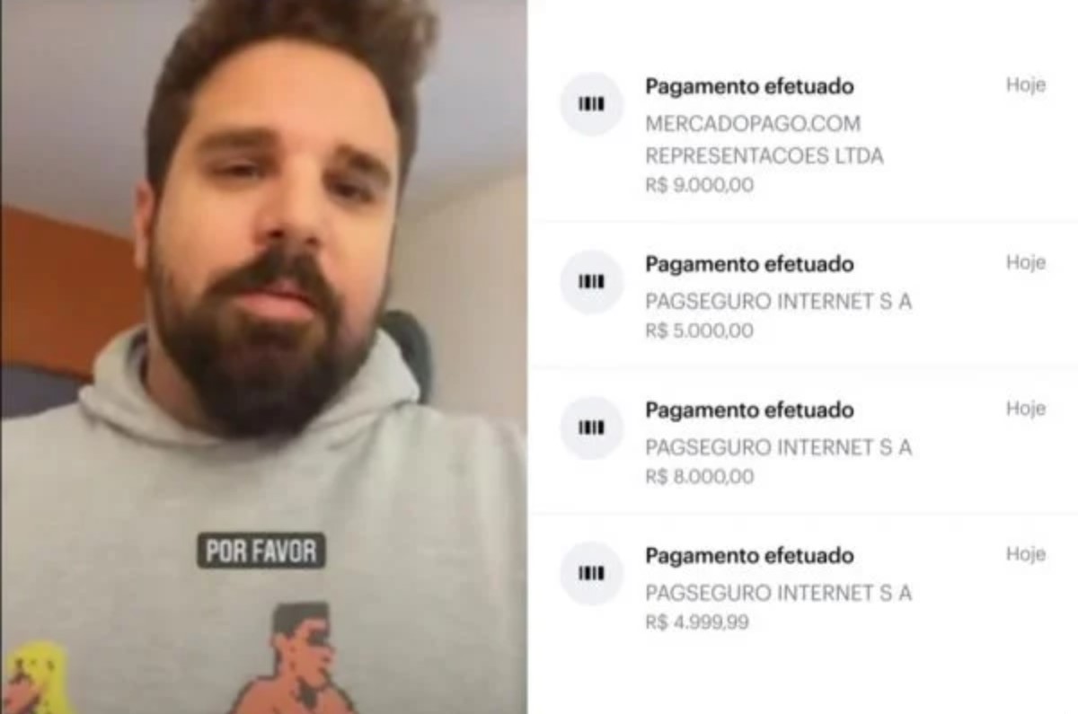 A imagem mostra Bruno ao lado de comprovantes de transferências de sua conta.