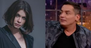 Montagem de fotos de Alinne Moraes e Leo Dias com expressões sérias