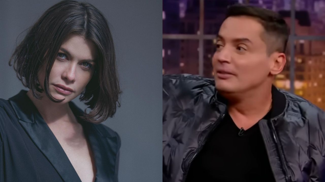 Montagem de fotos de Alinne Moraes e Leo Dias com expressões sérias