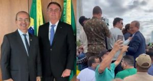 Montagem de Jorginho Mello posando com Bolsonaro e em vento rodeado de pessoas
