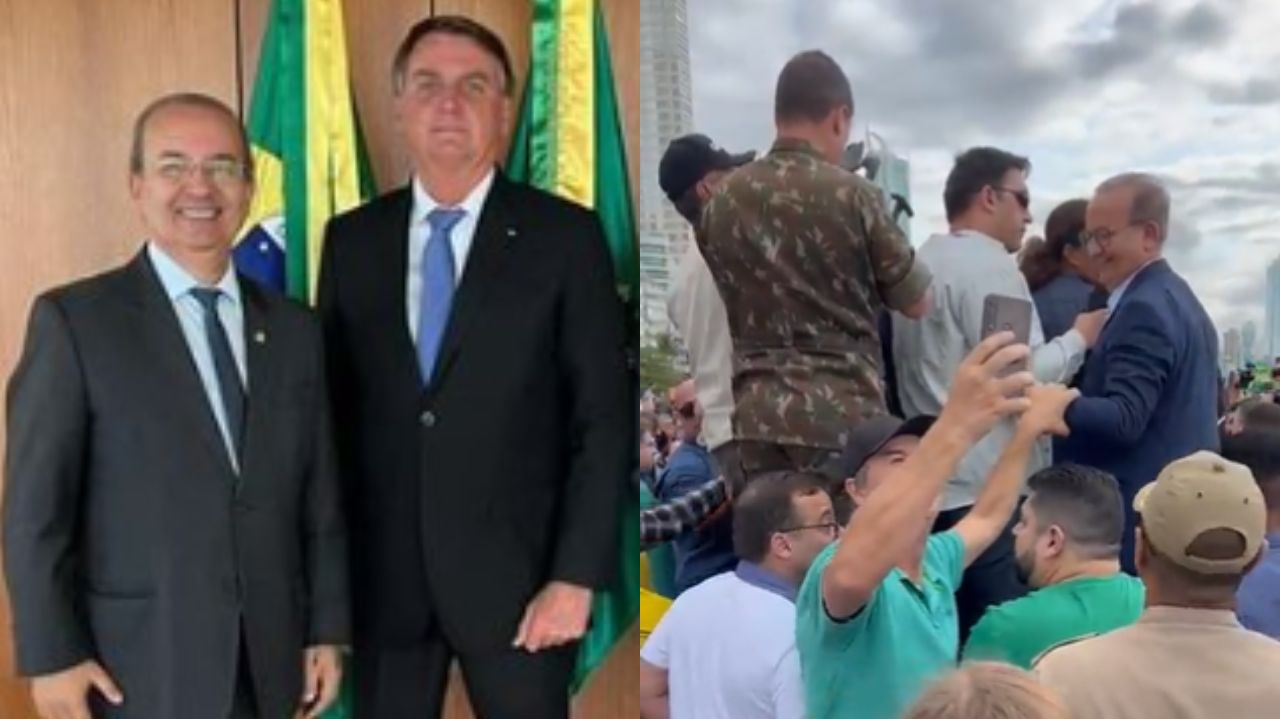Montagem de Jorginho Mello posando com Bolsonaro e em vento rodeado de pessoas