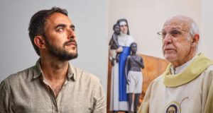 Montagem de fotos de Bruno Camurati e Padre Júlio Lancellotti olhando para o lado