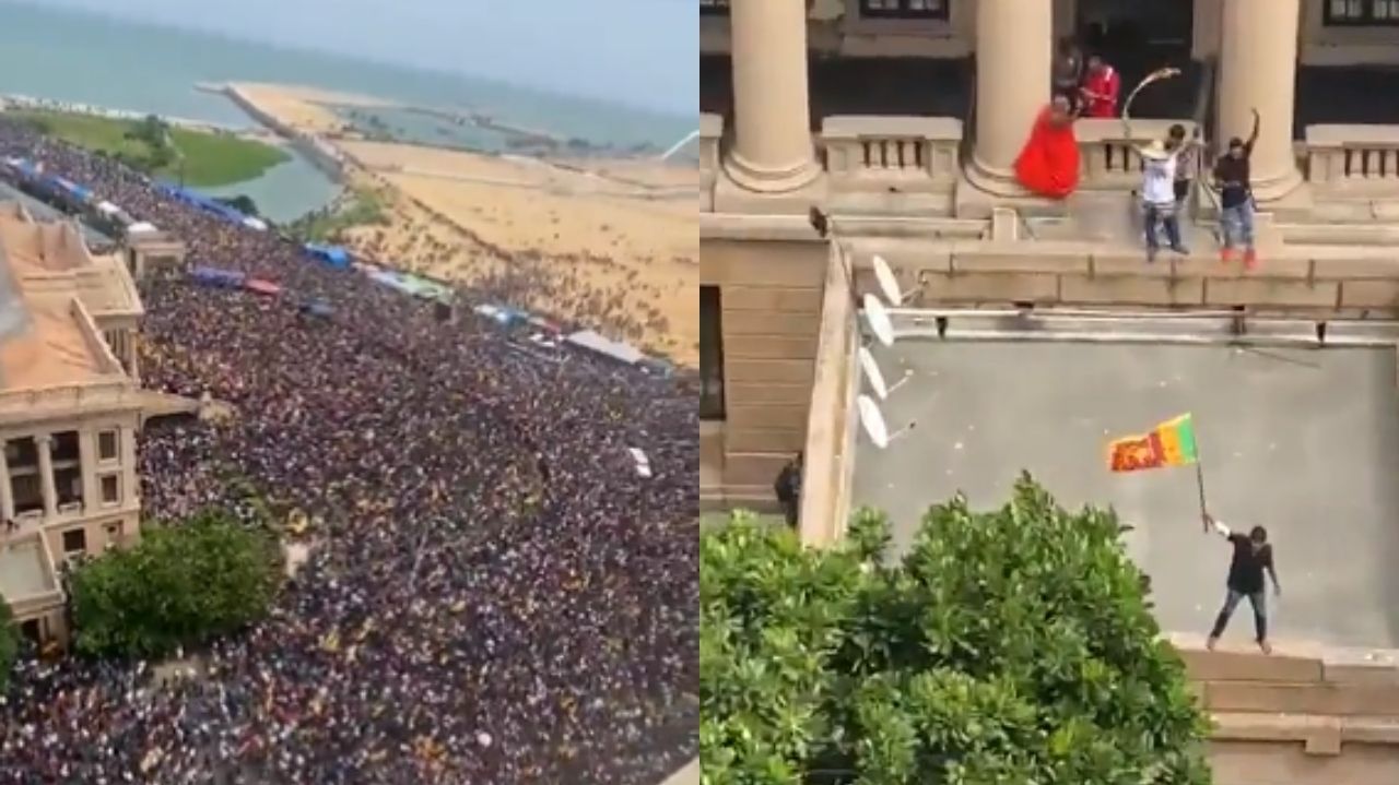 Manifestantes invadindo residência presidencial no Sri Lanka