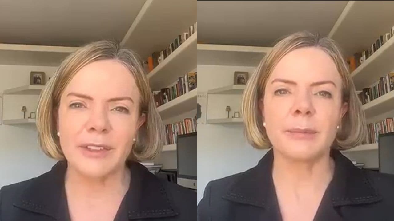 Montagem de fotos de Gleisi Hoffmann falando para a câmera, vestindo roupa preta