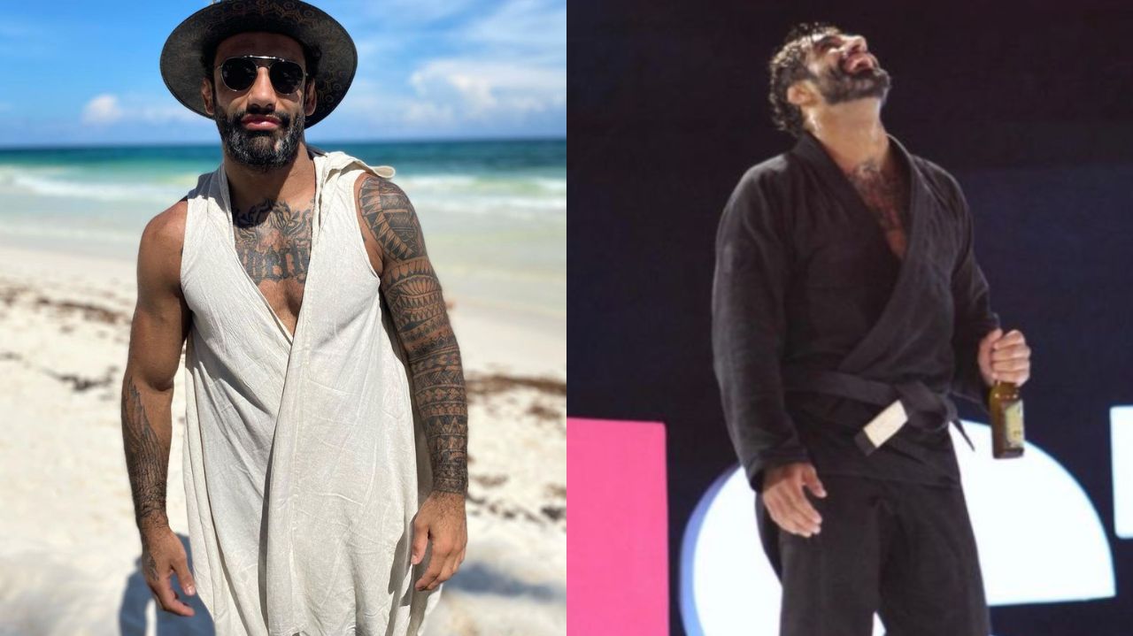 Montagem de fotos de Leandro Lo na praia e com cerveja