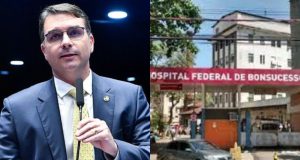 Montagem de fotos de Flávio Bolsonaro e fachada do Hospital Federal de Bonsucesso