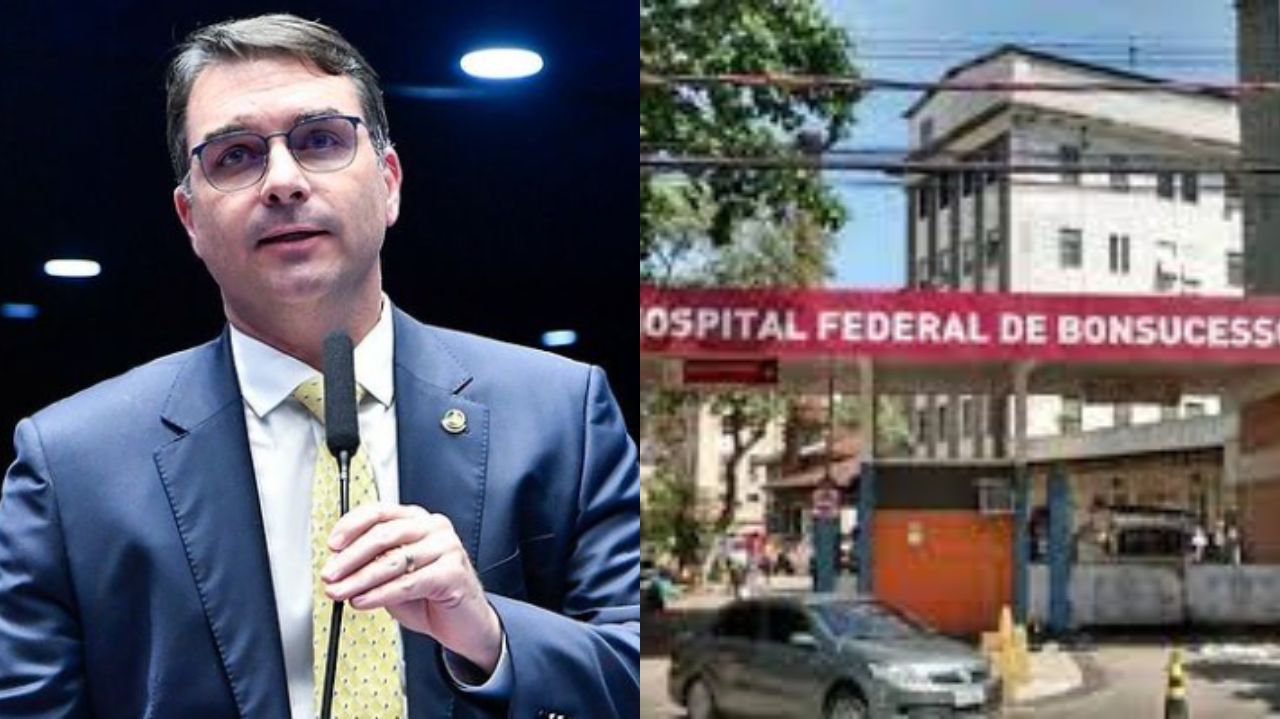 Montagem de fotos de Flávio Bolsonaro e fachada do Hospital Federal de Bonsucesso