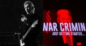 Montagem de fotos de Roger Waters e Telão com foto de Joe Biden