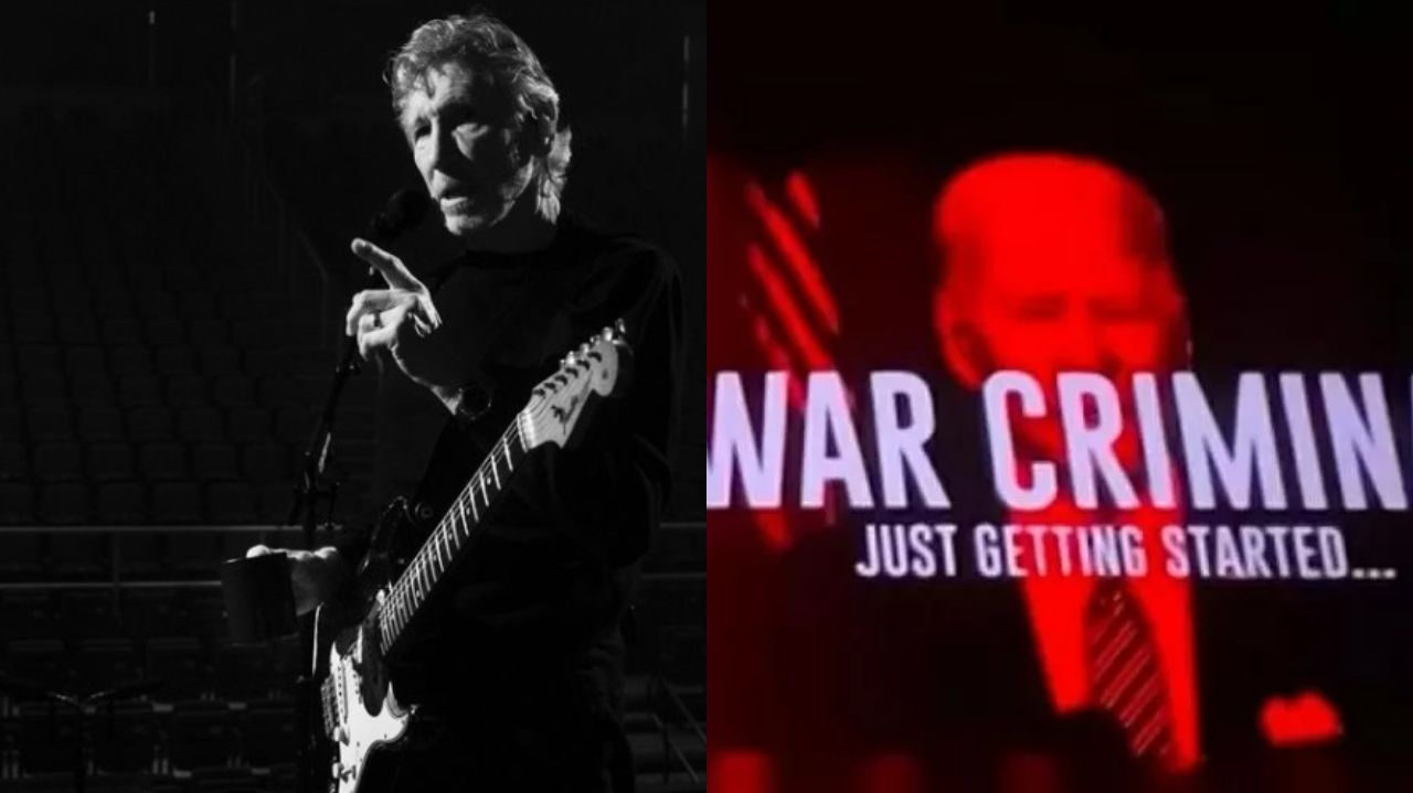 Montagem de fotos de Roger Waters e Telão com foto de Joe Biden