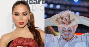Montagem de fotos de Anitta séria e Lula fazendo coração com as mãos e sorrindo