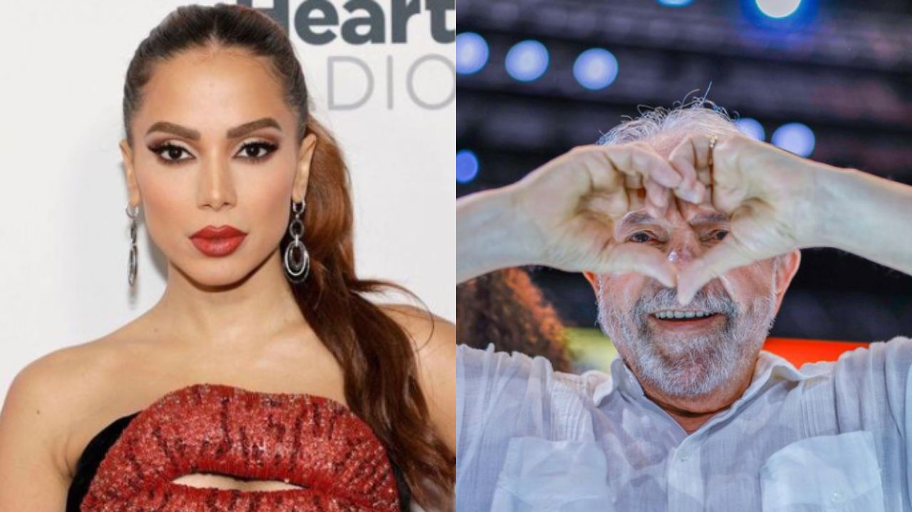 Montagem de fotos de Anitta séria e Lula fazendo coração com as mãos e sorrindo