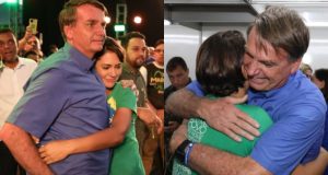 Montagem de fotos de Jair e Michelle Bolsonaro se abraçando e sorrindo