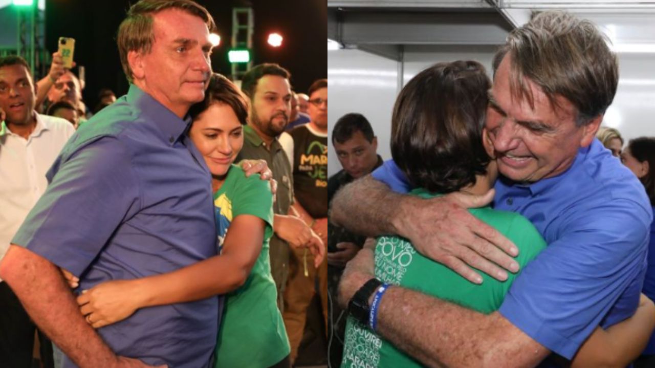 Montagem de fotos de Jair e Michelle Bolsonaro se abraçando e sorrindo