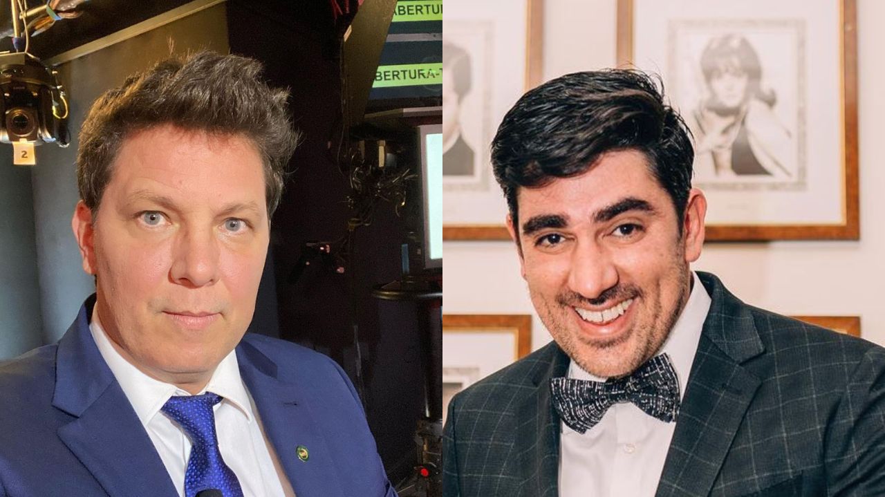 Montagem de fotos de Mario Frias sério e Marcelo Adnet sorrindo