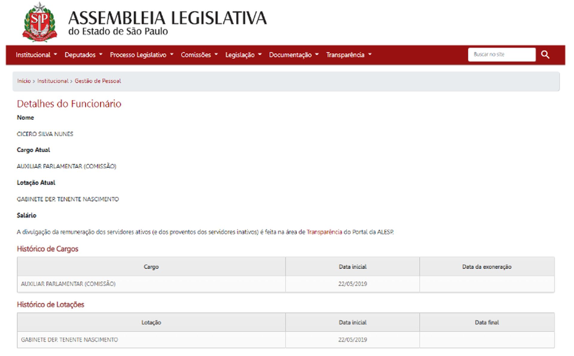 Registro de Cícero Nunes na Alesp