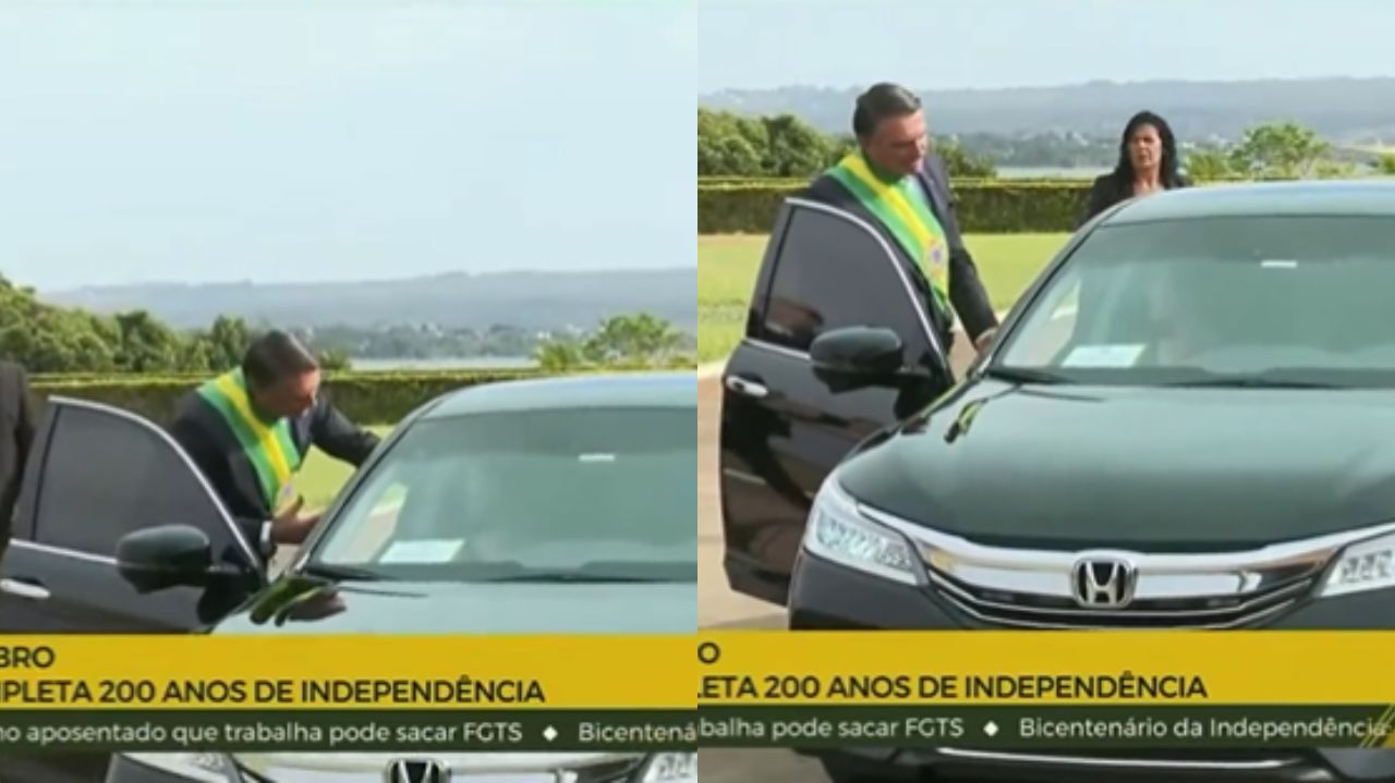 Montagem de duas fotos de Jair Bolsonaro falando com Michelle dentro de carro