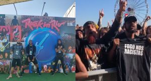 Montagem de fotos de banda Black Pantera no Rock in Rio e público vibrando