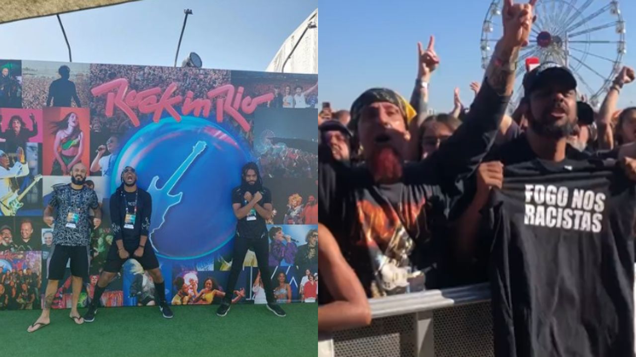Montagem de fotos de banda Black Pantera no Rock in Rio e público vibrando