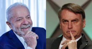 Montagem de fotos de Lula sorrindo e Bolsonaro com expressão de insatisfação