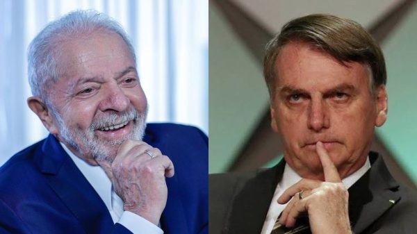 Montagem de fotos de Lula sorrindo e Bolsonaro com expressão de insatisfação
