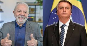 Montagem de fotos de Lula sorrindo e Jair Bolsonaro sério