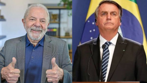 Montagem de fotos de Lula sorrindo e Jair Bolsonaro sério