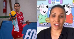 Montagem de fotos de Tandara jogando vôlei e falando de desenho