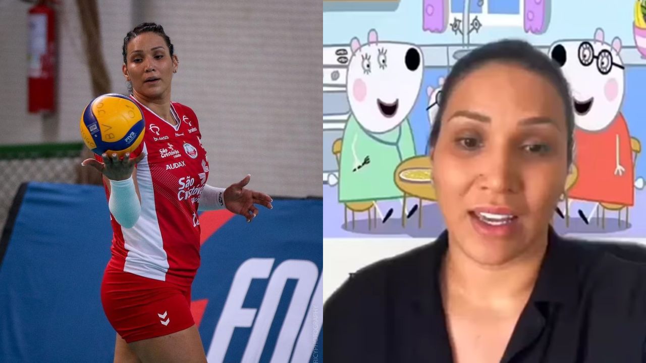 Montagem de fotos de Tandara jogando vôlei e falando de desenho