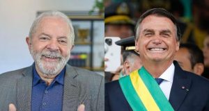 Montagem de fotos de Lula e Bolsonaro sorrindo