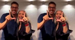 Montagem de fotos de Fábio Porchat e Astrid Fontenelle fazendo L com os dedos