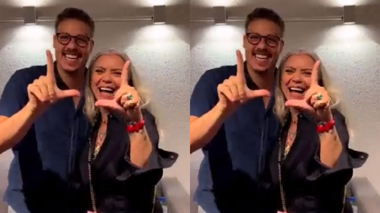 Montagem de fotos de Fábio Porchat e Astrid Fontenelle fazendo L com os dedos
