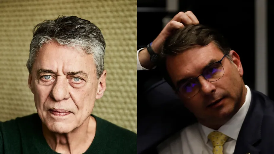 Montagem de fotos de Chico Buarque e Flávio Bolsonaro