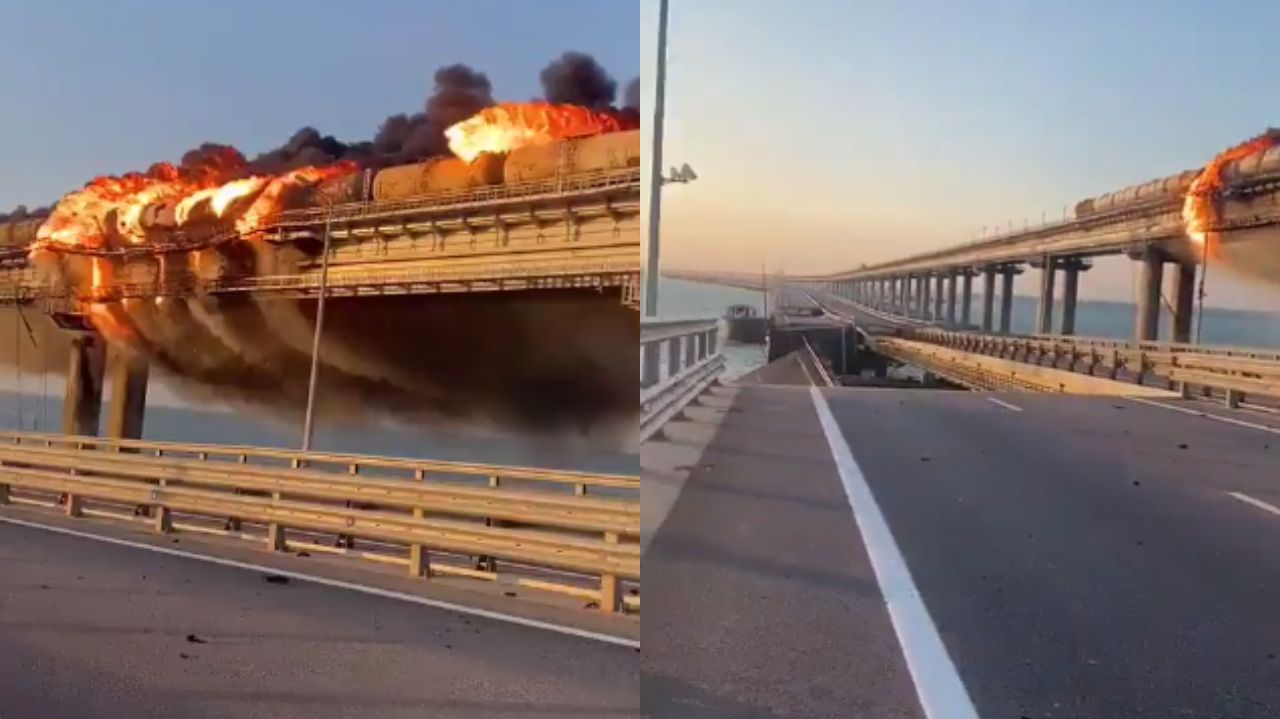 Montagem de duas fotos de ponte da Rússia destruída