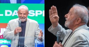 Montagem de fotos de Lula, sorrindo e olhando para cima em sinal de agradecimento