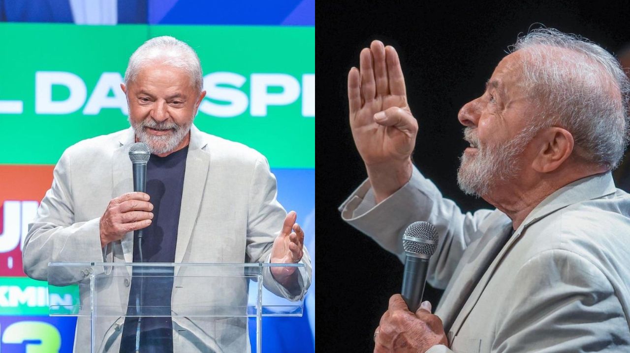 Montagem de fotos de Lula, sorrindo e olhando para cima em sinal de agradecimento