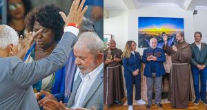 Montagem de duas fotos de Lula, entre evangélicos e franciscanos