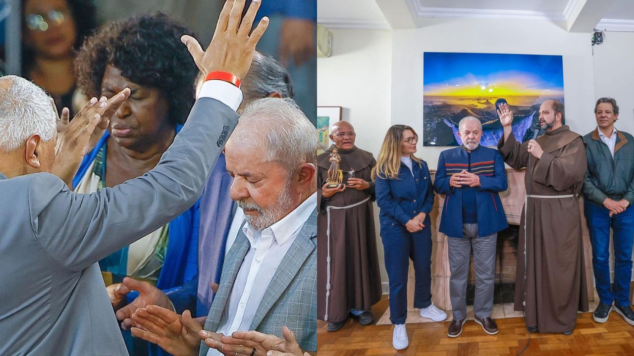 Montagem de duas fotos de Lula, entre evangélicos e franciscanos