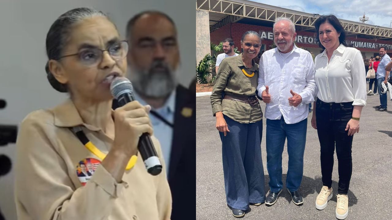 Montagem de fotos de Marina Silva sozinha e com Lula e Tebet