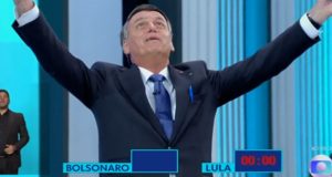 Jair Bolsonaro olhando para cima, com os braços erguidos e falando