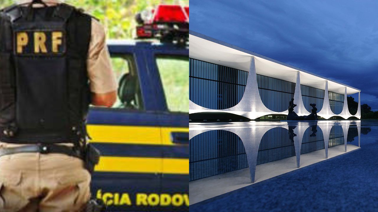 Montagem de fotos de agente da PRF com carro e Palácio do Alvorada
