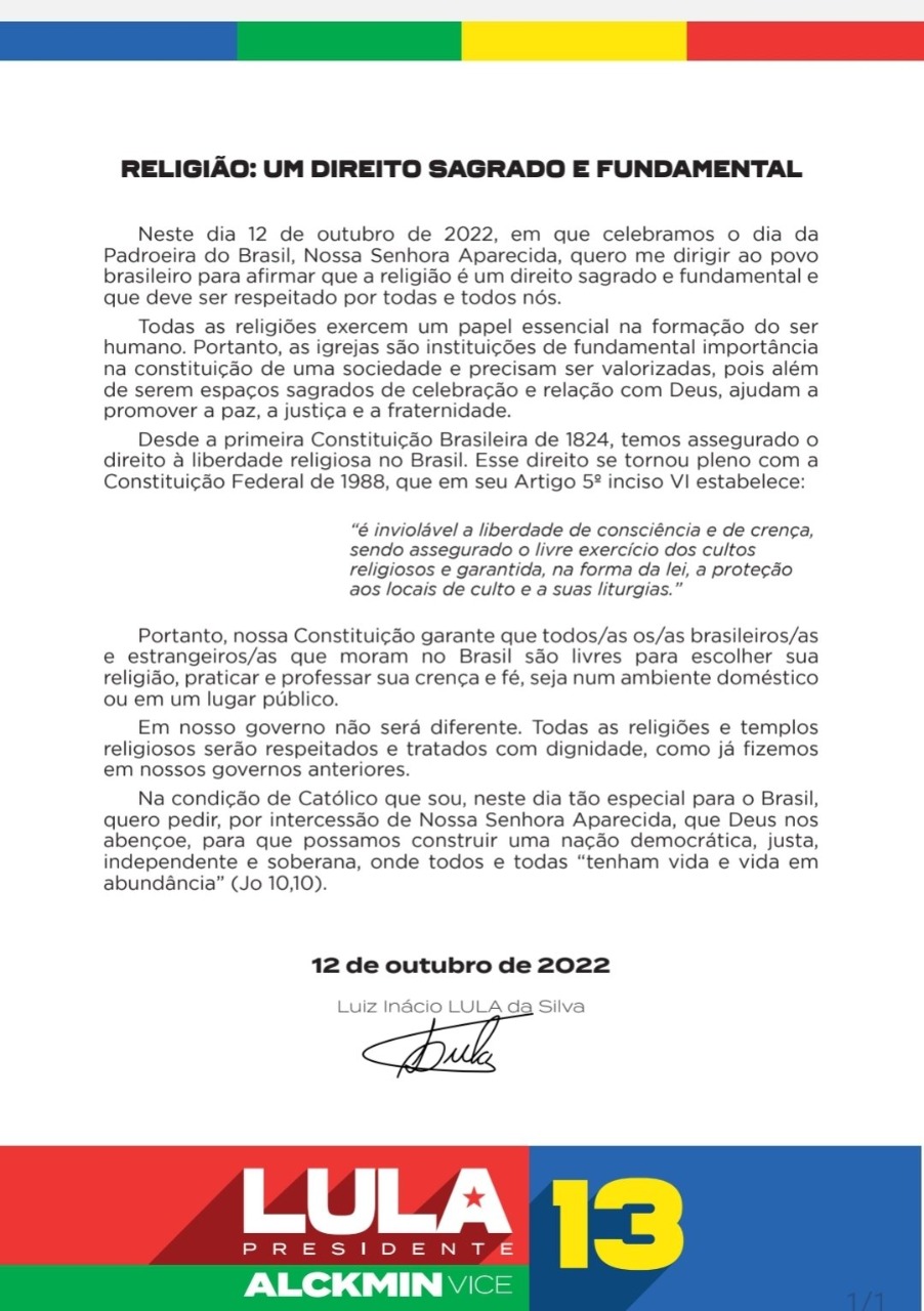 Carta de Lula sobre religião