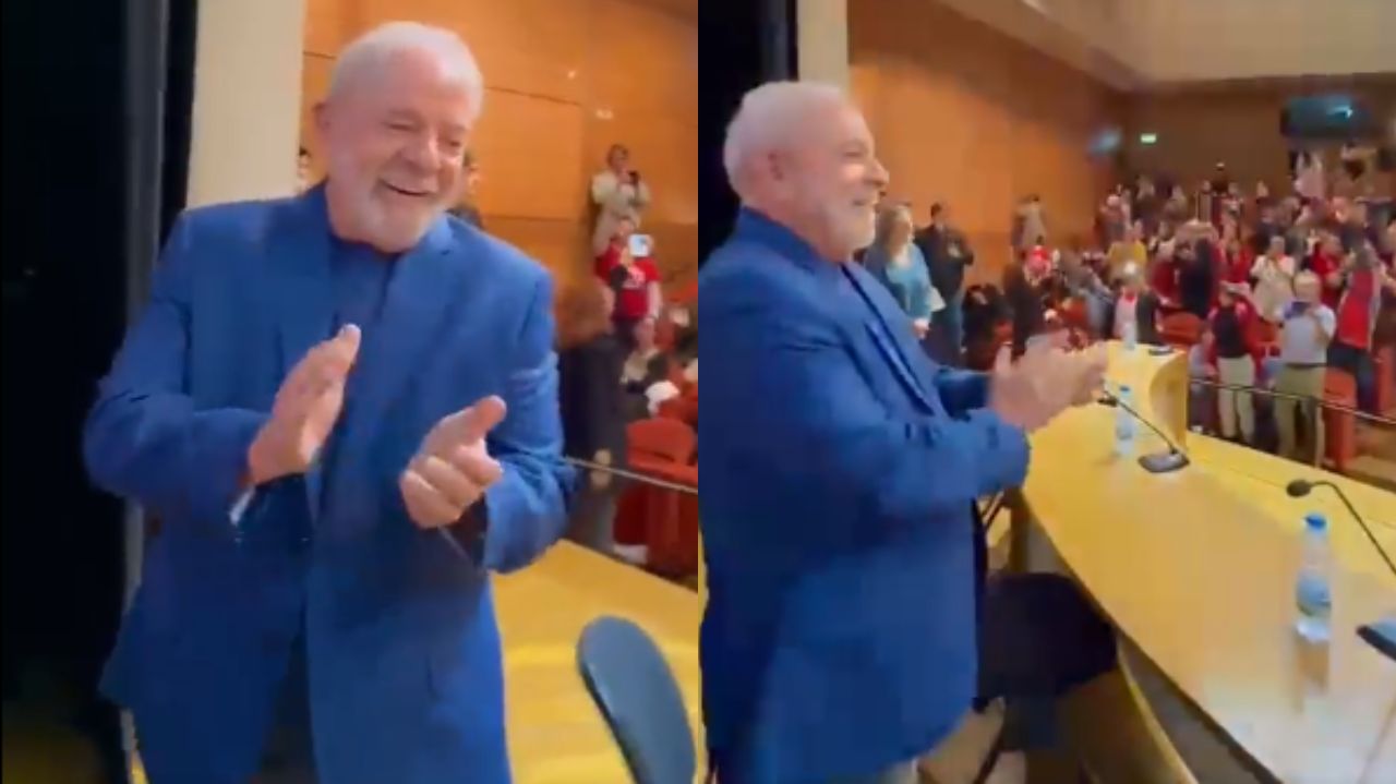 Montagem de fotos de Lula sorrindo, batendo palmas e acenando para estudantes em auditório