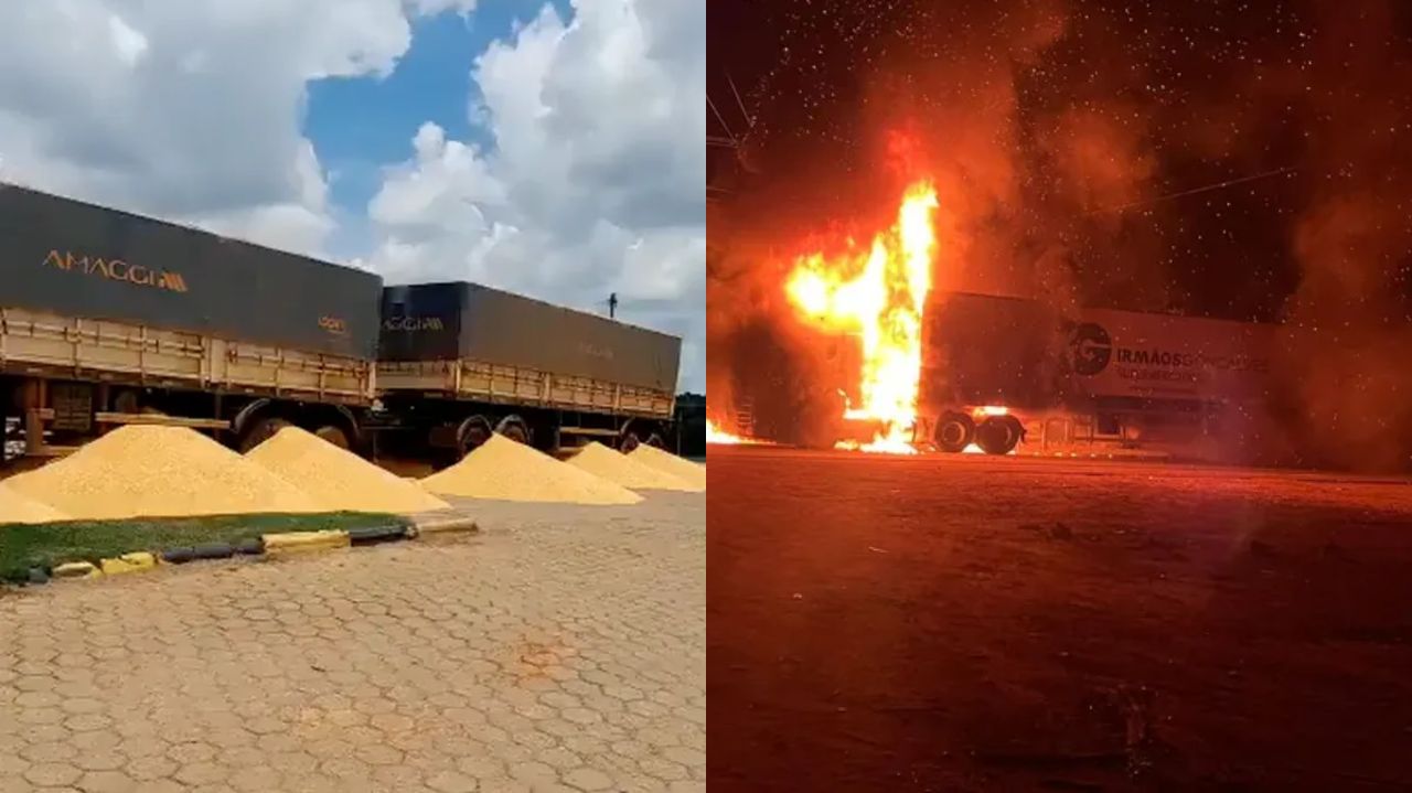 Montagem de fotos de caminhões com soja nas vias e carreata incendiada