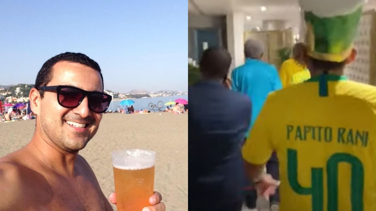Montagem de fotos de Ranier Lemache na praia e de costas, com camisa do Brasil