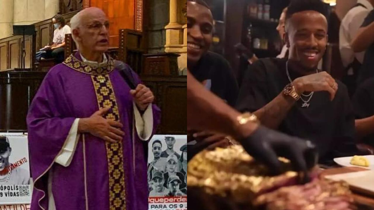 Montagem de fotos de Padre Julio Lancellotti e jogadores comendo carne com ouro