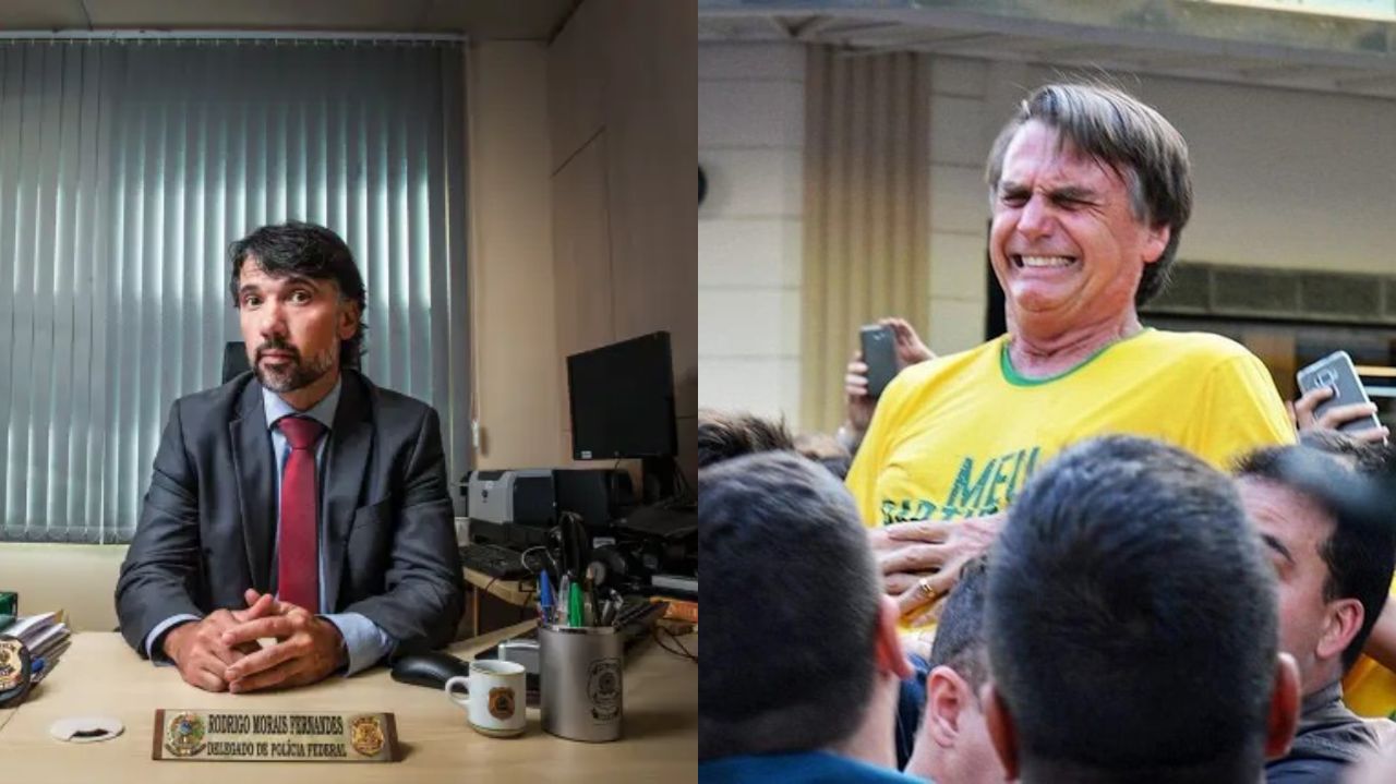 Montagem de fotos de delegado Rodrigo Morais e Jair Bolsonaro no dia da facada